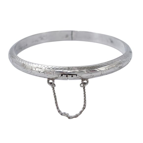 Estate Sterling Silver 925 6.2mm Etched Bangle With Safety Chain 6.75" - Picture 3 of 11